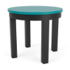 A 20-inch round commercial outdoor side table featuring a turquoise Aruba Marine Grade Polymer (MGP) top supported by a Starlight Black powder-coated aluminum base with four straight legs.