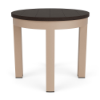 A 20-inch round outdoor end table featuring a dark wood-grained Northeastern Walnut MGP top paired with a textured Antique Beige aluminum frame.