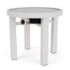 A 20-inch round solar patio side table featuring a solar panel surface, an underneath charging component with a weatherproof outlet cover, and a Sky White aluminum base.