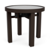 A 20-inch round commercial solar outdoor side table featuring an integrated glass solar panel top, an under-table power box with a covered charging port, and a dark Coffee Bean powder-coated aluminum frame.