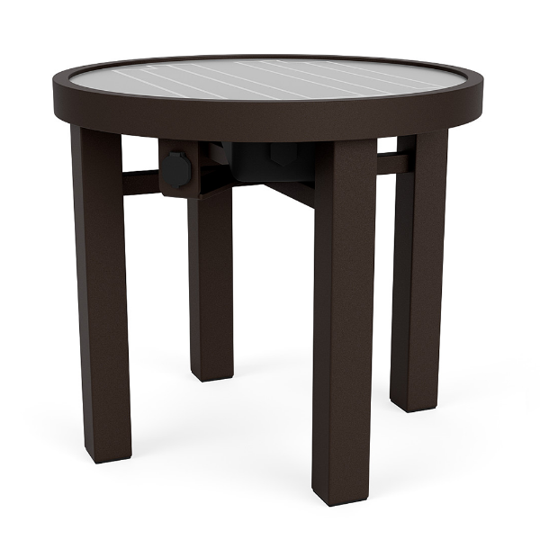 A 20-inch round commercial solar outdoor side table featuring an integrated glass solar panel top, an under-table power box with a covered charging port, and a dark Coffee Bean powder-coated aluminum frame.