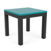 A 20-inch square commercial outdoor side table featuring a turquoise-blue Aruba Marine Grade Polymer (MGP) slatted top supported by a sturdy Starlight Black powder-coated aluminum frame with four straight legs.