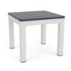 A 20-inch square commercial patio side table with a dark navy blue MGP slatted top set atop a clean Sky White aluminum base.