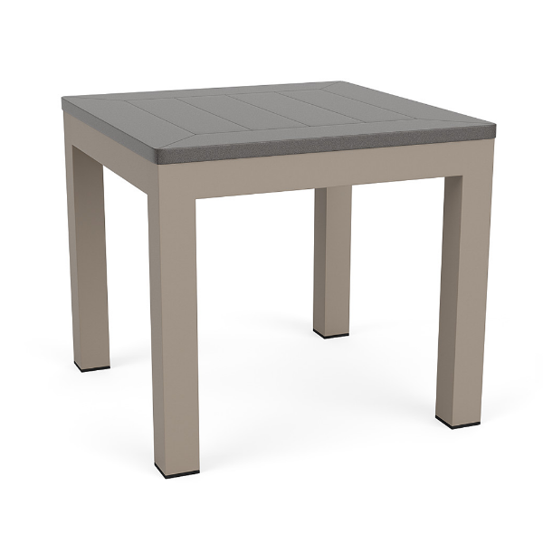 A 20-inch square outdoor side table featuring a neutral grey MGP top paired with a Satin Amber beige-toned aluminum frame and square legs.