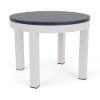 A 24-inch round commercial patio side table featuring a deep navy blue MGP slatted tabletop set on a bright Sky White aluminum base with four straight legs.