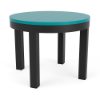 A 24-inch round commercial outdoor side table with a vibrant bright blue Aruba Marine Grade Polymer (MGP) slatted top supported by a matte Starlight Black aluminum frame and four straight square legs.