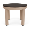 A 24-inch round outdoor side table showcasing a dark wood-grained Northeastern Walnut MGP slatted surface on a textured Antique Beige aluminum frame.