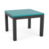 A 24-inch square commercial outdoor side table featuring a turquoise Aruba Marine Grade Polymer (MGP) slatted top supported by a Starlight Black powder-coated aluminum frame.