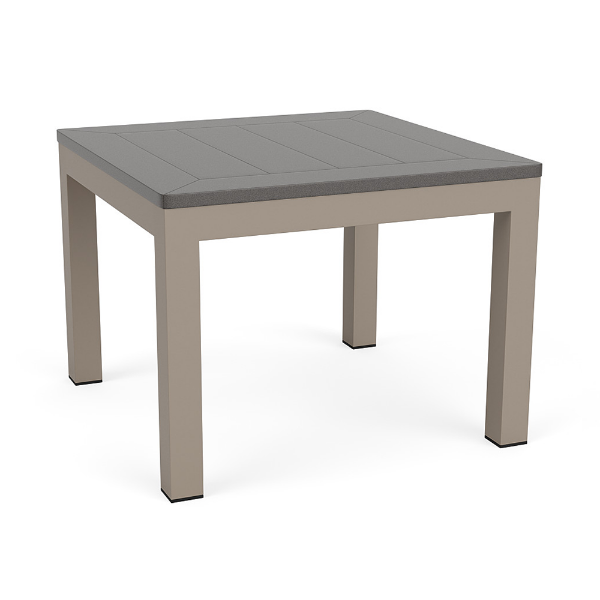 A 24-inch square outdoor side table featuring a slate-grey MGP surface set on a warm taupe Satin Amber aluminum base.