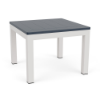 A 24-inch square commercial patio side table with a dark navy blue MGP slatted top set atop a crisp Sky White aluminum frame.