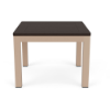 A 24-inch square outdoor end table featuring a dark Northeastern Walnut MGP slatted surface on a textured Antique Beige aluminum frame.