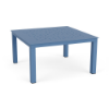 A 34-inch square aluminum commercial outdoor coffee table rendered in Steel Blue featuring a decorative perforated bubble hole pattern on the tabletop.