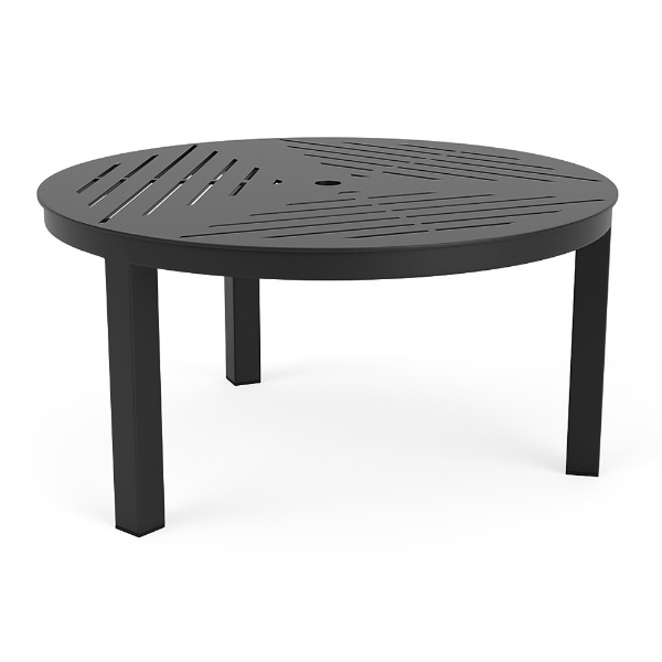 A 36-inch round commercial outdoor aluminum coffee table in Starlight Black featuring a slotted geometric frame tabletop pattern and four straight legs.