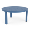 A 36-inch round aluminum outdoor coffee table in Steel Blue featuring a perforated bubble hole pattern on the surface.