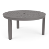 A 36-inch round outdoor aluminum coffee table in Titanium Gray featuring a uniform square grid perforated tabletop design.