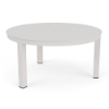 A 36-inch round commercial outdoor aluminum coffee table featuring a smooth, solid Sky White top with a center umbrella hole and three square legs.