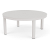 A 42-inch round commercial outdoor aluminum coffee table featuring a smooth Sky White solid tabletop with a central umbrella hole, supported by four straight square legs.