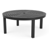 A 42-inch round commercial aluminum coffee table in Starlight Black featuring a geometric slotted frame tabletop pattern with a central umbrella hole.