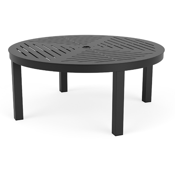 A 42-inch round commercial aluminum coffee table in Starlight Black featuring a geometric slotted frame tabletop pattern with a central umbrella hole.