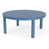A 42-inch round outdoor aluminum coffee table in Steel Blue featuring a decorative perforated bubble hole pattern and a central umbrella hole.