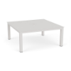 A 42-inch square commercial outdoor aluminum coffee table featuring a smooth, solid Sky White tabletop with a center umbrella hole, supported by four straight square legs.