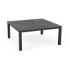 A 42-inch square commercial outdoor aluminum coffee table in Starlight Black featuring a concentric square slotted tabletop pattern and a center umbrella hole.
