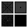 A 2x2 grid displaying four square tabletop pattern design options: slotted geometric frame (top-left), square grid cube pattern (top-right), multi-sized bubble pattern (bottom-left), and smooth solid top (bottom-right).