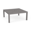 A 42-inch square outdoor commercial aluminum coffee table in Titanium Gray featuring a uniform square grid perforated tabletop design with a central umbrella hole.