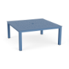 A 42-inch square outdoor aluminum coffee table in Steel Blue featuring a decorative perforated bubble hole pattern on the surface and a central umbrella opening.