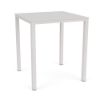 A 36-inch square commercial outdoor aluminum bar-height table featuring a smooth, solid Sky White tabletop with a central umbrella hole, supported by tall, straight square legs.