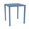 A 36-inch square outdoor aluminum bar table in Steel Blue featuring a decorative perforated bubble hole pattern on the surface and a central umbrella opening.
