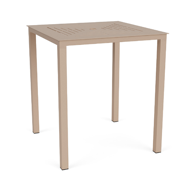 A 36-inch square commercial outdoor aluminum bar table in Textured Antique Beige featuring a concentric slotted frame tabletop design and a center umbrella opening.