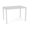 A 36" x 60" rectangular commercial outdoor aluminum bar-height table in Sky White featuring a smooth, solid surface with a central umbrella hole.