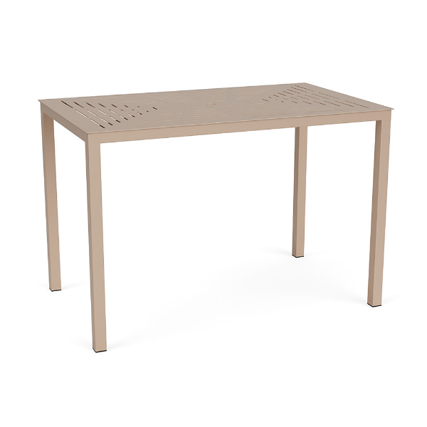 A 36" x 60" rectangular commercial outdoor aluminum bar table in Textured Antique Beige featuring a slotted frame tabletop design and a central umbrella hole.