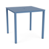 A 42-inch square outdoor aluminum bar table in Steel Blue featuring a decorative perforated bubble hole pattern on the surface and an umbrella hole in the center.