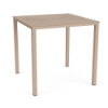 A 42-inch square commercial outdoor aluminum bar table in Textured Antique Beige with a slotted frame tabletop design and a center umbrella opening.