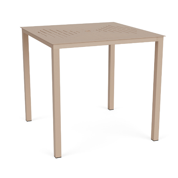 A 42-inch square commercial outdoor aluminum bar table in Textured Antique Beige with a slotted frame tabletop design and a center umbrella opening.