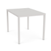 A 42" x 60" rectangular commercial outdoor aluminum bar-height table in Sky White featuring a smooth, solid tabletop with a central umbrella hole and tall square legs.