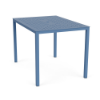 A 42" x 60" rectangular outdoor aluminum bar table in Steel Blue featuring a decorative perforated bubble pattern across the tabletop surface and a center umbrella hole.