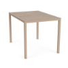 A 42" x 60" rectangular commercial outdoor aluminum bar table in Textured Antique Beige featuring a slotted frame tabletop design with a center umbrella hole.