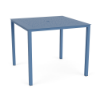 A 48-inch square outdoor aluminum bar table in Steel Blue featuring a decorative perforated bubble hole pattern on the surface and an umbrella hole in the center
