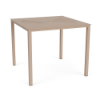 A 48-inch square commercial outdoor aluminum bar table in Textured Antique Beige with a slotted frame tabletop design and a center umbrella opening.