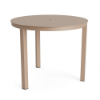 A 36-inch round commercial outdoor aluminum dining table in Textured Antique Beige featuring a smooth, solid tabletop with a central umbrella opening.