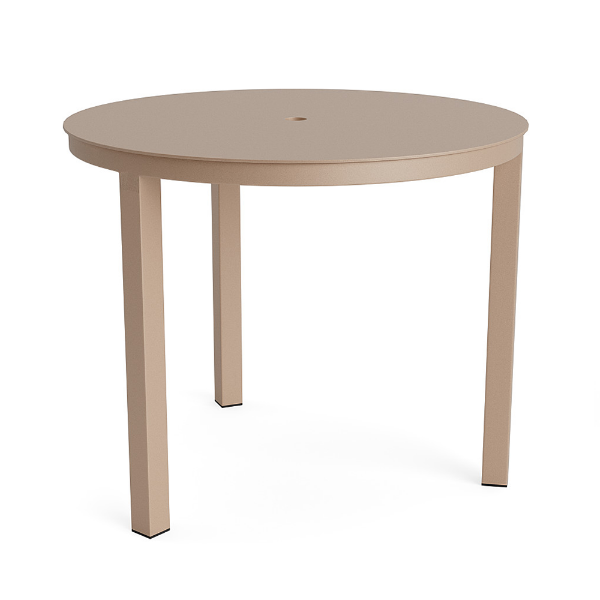 A 36-inch round commercial outdoor aluminum dining table in Textured Antique Beige featuring a smooth, solid tabletop with a central umbrella opening.
