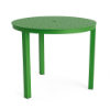 A 36-inch round commercial outdoor aluminum dining table in Lime Green featuring a decorative perforated bubble hole pattern and a center umbrella hole, supported by straight square legs.