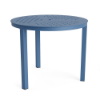 A 36-inch round outdoor aluminum dining table in Steel Blue featuring a uniform square grid cube pattern on the tabletop with a central umbrella hole opening.