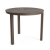 A 36-inch round outdoor aluminum dining table in Textured Espresso featuring a slotted slat pattern across the tabletop and an umbrella hole in the center.