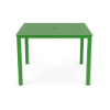 A 42-inch square outdoor aluminum dining table in Lime Green featuring a decorative perforated bubble hole pattern on the tabletop surface and a central umbrella hole.