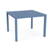 A 42-inch square commercial outdoor aluminum dining table in Steel Blue featuring a uniform square grid cube pattern and a central umbrella opening.