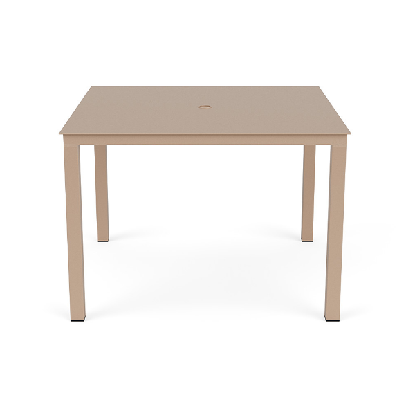 A 42-inch square outdoor aluminum dining table in Textured Antique Beige with a smooth, solid tabletop surface and a center umbrella hole.